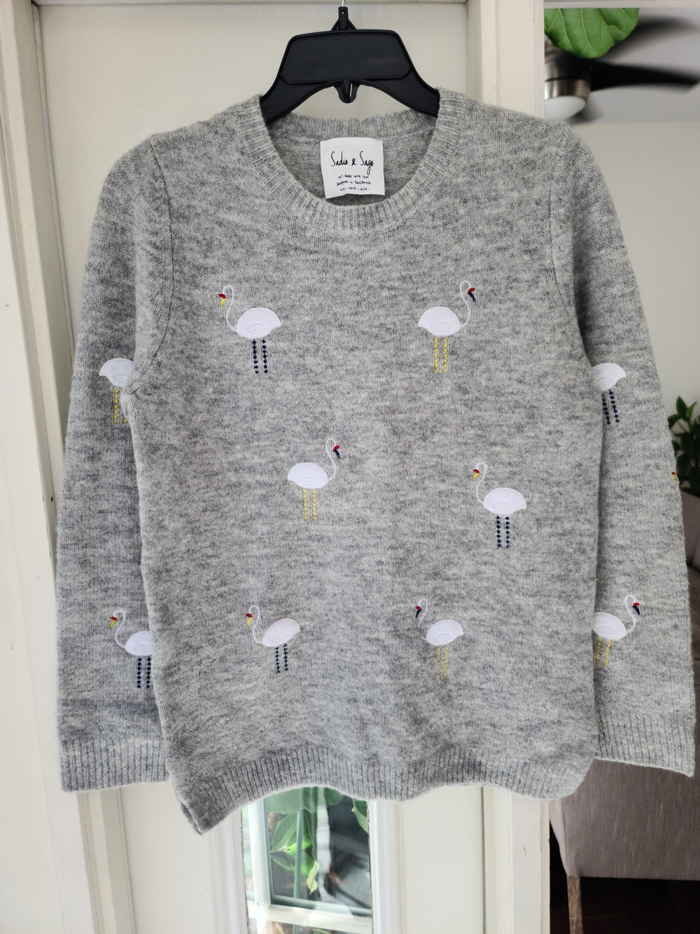 Sadie & Sage Gray Embroidered Flamingo Crewneck Sweater